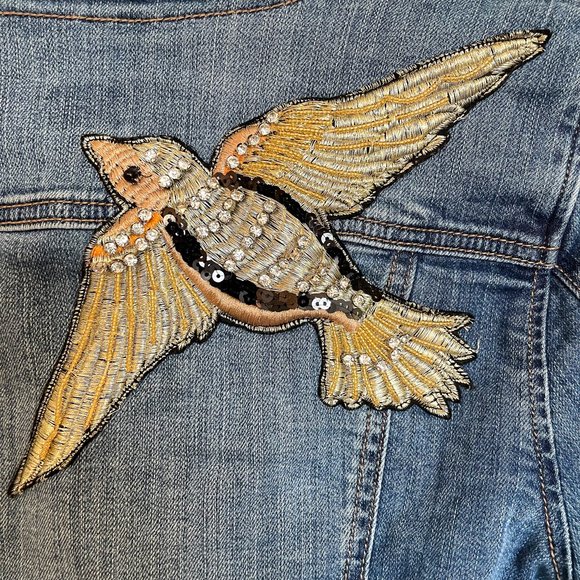SOHO New York & Company Denim Jacket Women's Size Small Beaded Embroidered Bird - Picture 2 of 8
